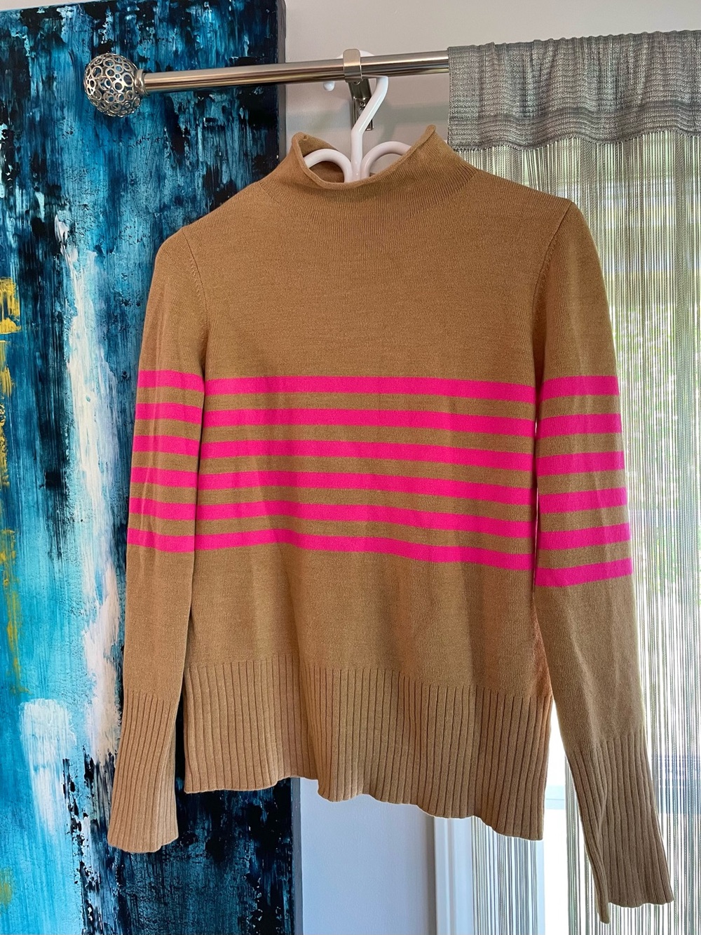 French Connection Camel Sweater with Hot Pink Stripes